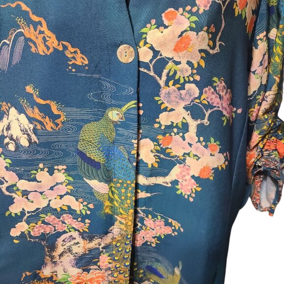 Cintron Santa Monica Asian Peacock Bonsai Teal Wearable Art XL Blouse - Picture 8 of 16